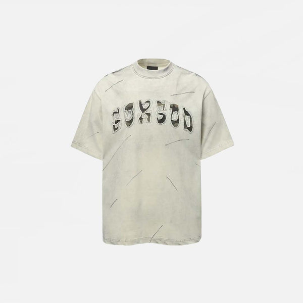 Front view of the grey Embroidered Patch Punk T-Shirt in a gray background