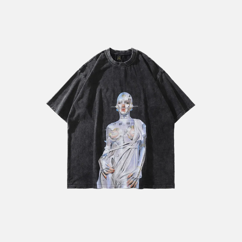 Drop-Shoulder Lived-In Robot Illustrated Print T-Shirt