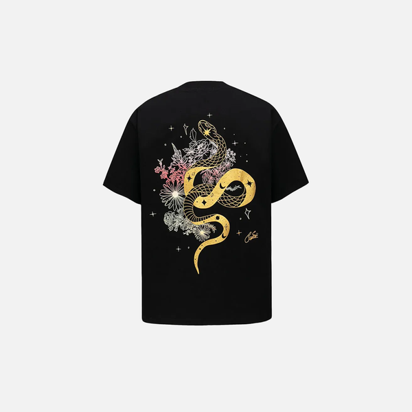 Digital-Age Python Bloom Illustrated Patterned Cotton T-Shirt