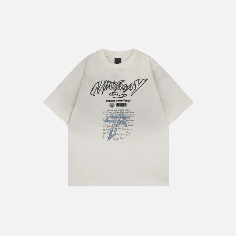 Fashionable Raw-Edge Stellar Drop-Shoulder Visual Print T-Shirt