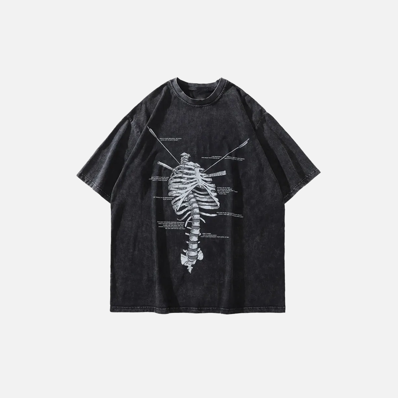 Warm Skeleton Print Distress-Washed Boxy-Fit Shadow-Print T-Shirt
