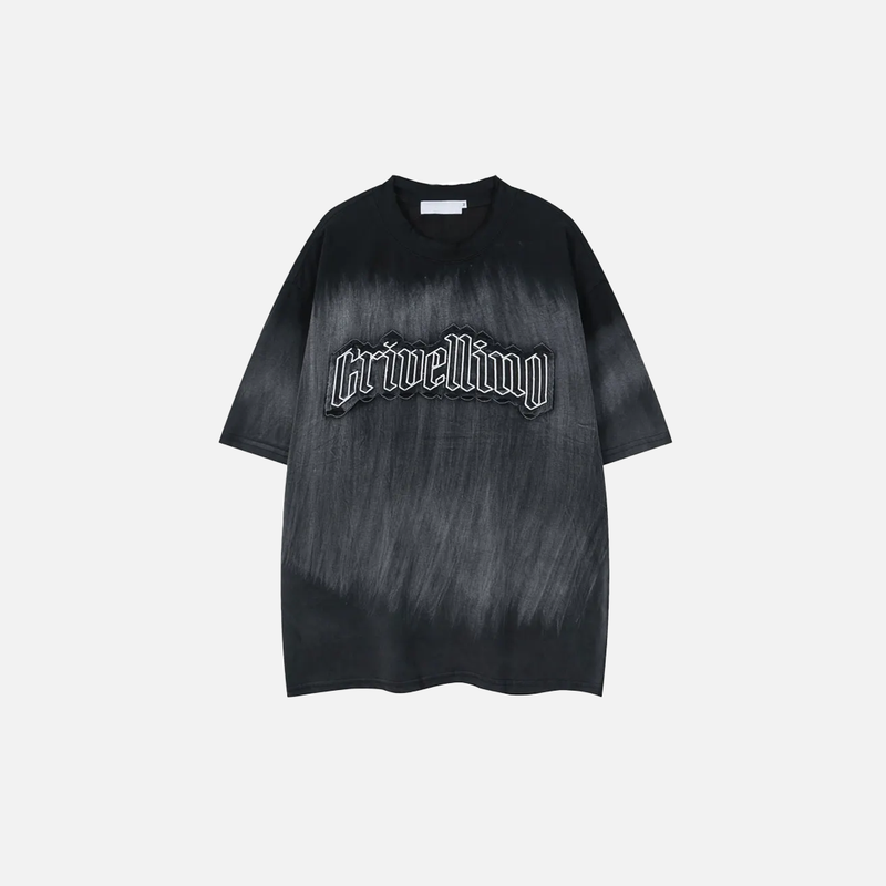 Oversized Street-Culture Grit-Style Stitch-Craft Patch T-Shirt