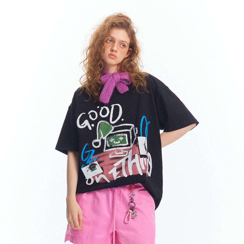 Stars-and-Stripes Graffiti Print T-Shirt