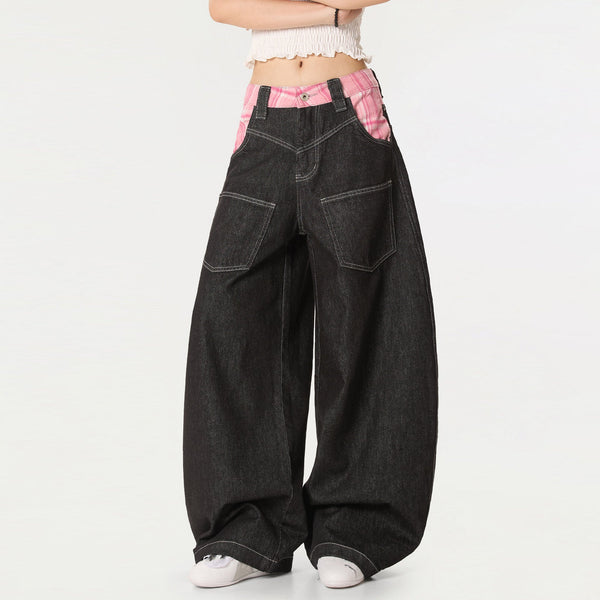 2000s Chic Plaid Mosaic Bell Leg Relaxed Denim