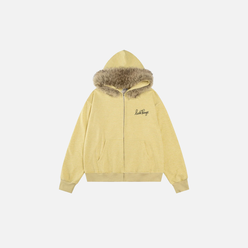 Stripe Fur Fleece Hood Sweatshirt