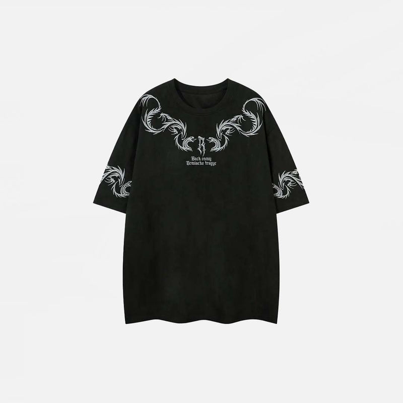 Front view of the black Vintage Oversized Embroidered T-Shirt in a gray background