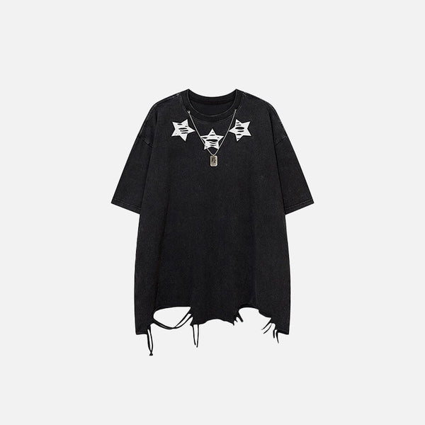 Front view of the black Y2k Chain Ripped Washed T-Shirt in a ray background