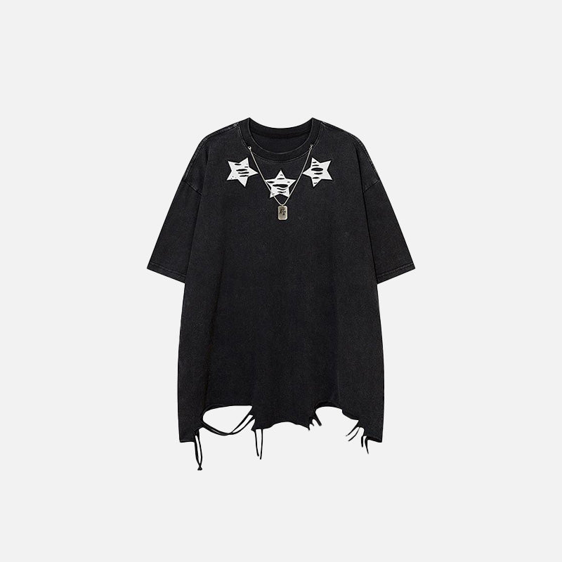 Front view of the black Y2k Chain Ripped Washed T-Shirt in a ray background