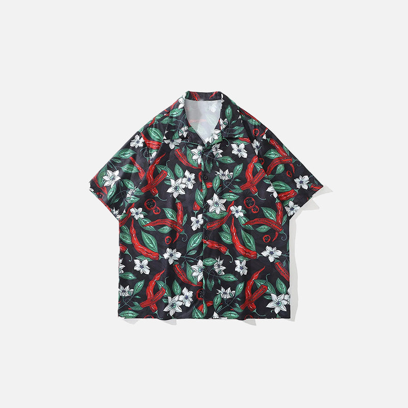 Front view of the black Paprika Leaves Print Shirt in a gray background