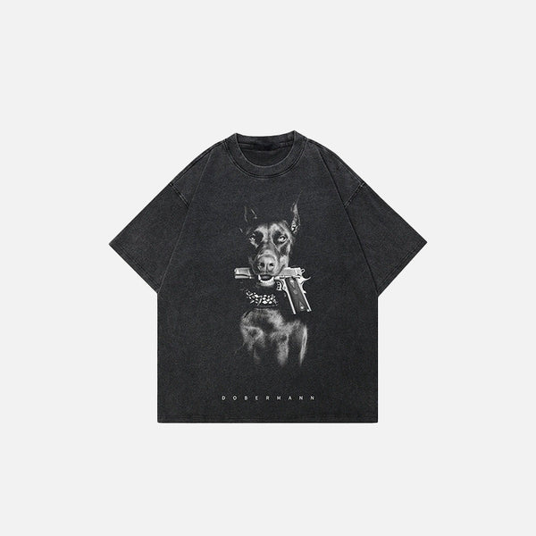 Front view of the black Doberman Gangster Dog Graphic T-shirt in a gray background