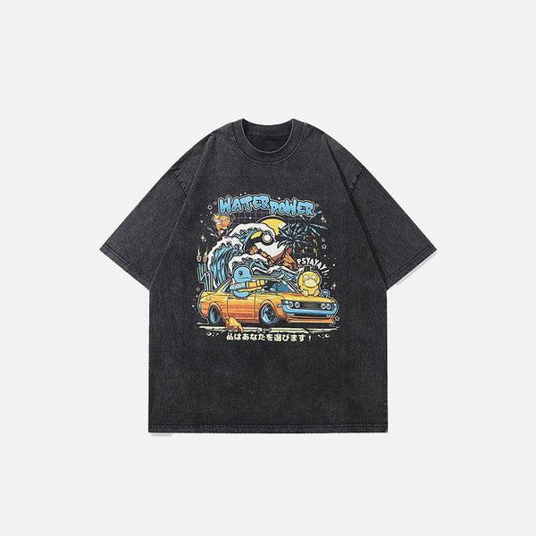 Front view of the black Loose Washed Japanese Printed T-Shirt in a gray background