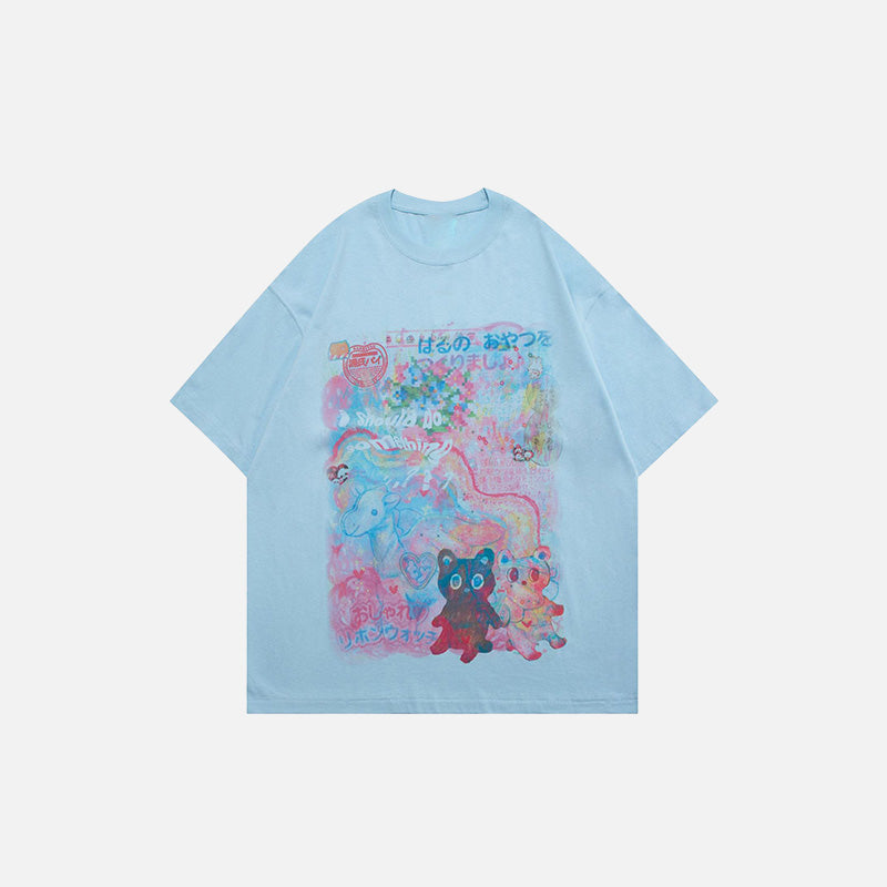 Front view of the sky blue Loose Animation Cartoon Printed T-Shirt in a gray background