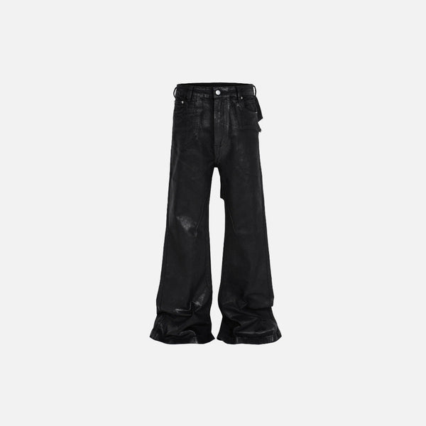Front view of the black Y2k Baggy Flare Jeans in a gray background
