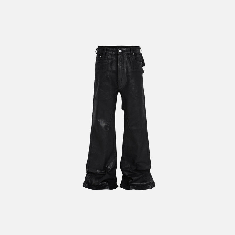Front view of the black Y2k Baggy Flare Jeans in a gray background