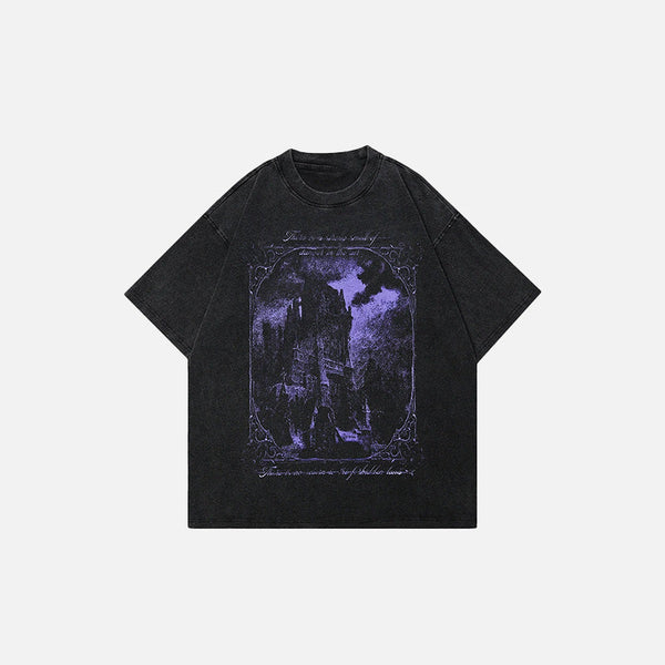 Front view of the black Gothic Castle Graphic T-shirt in a gray background