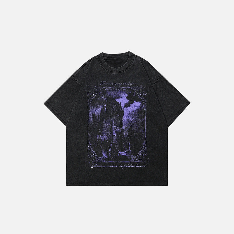 Front view of the black Gothic Castle Graphic T-shirt in a gray background
