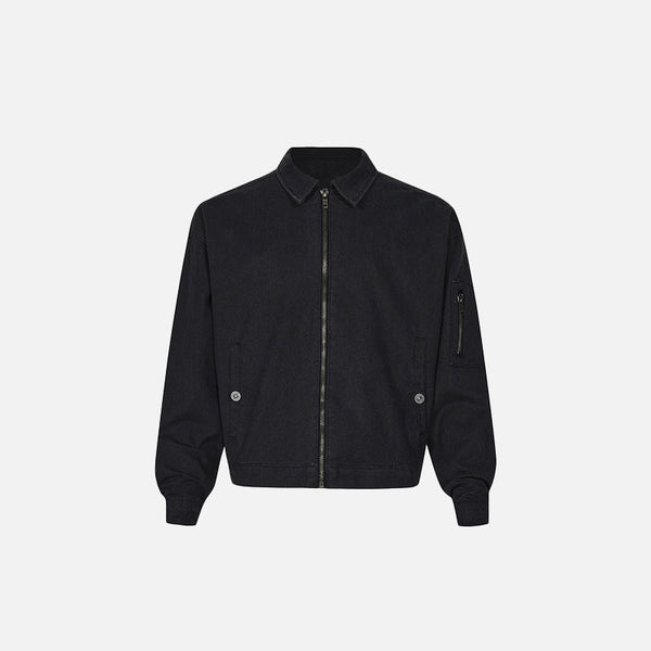 Front view of the black Y2k Loose Zip-up Denim Jacket in a gray background
