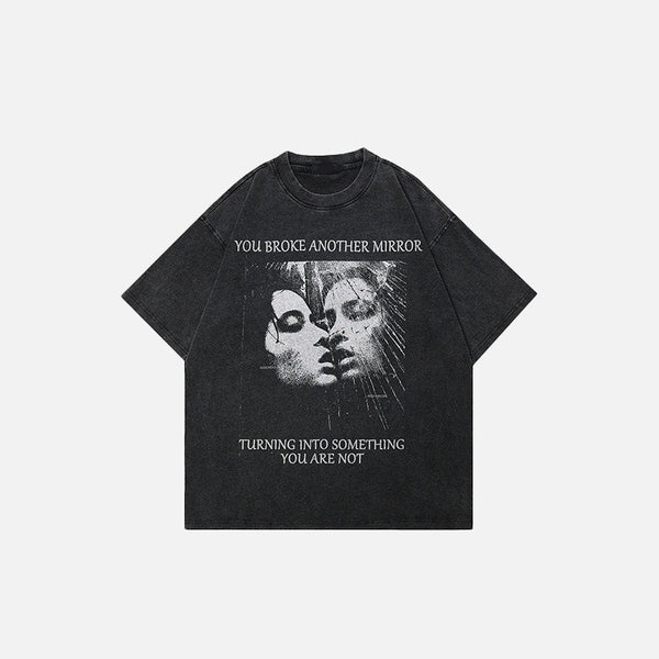 Front view of the black Vintage Graphic Mirror T-shirt in a gray background