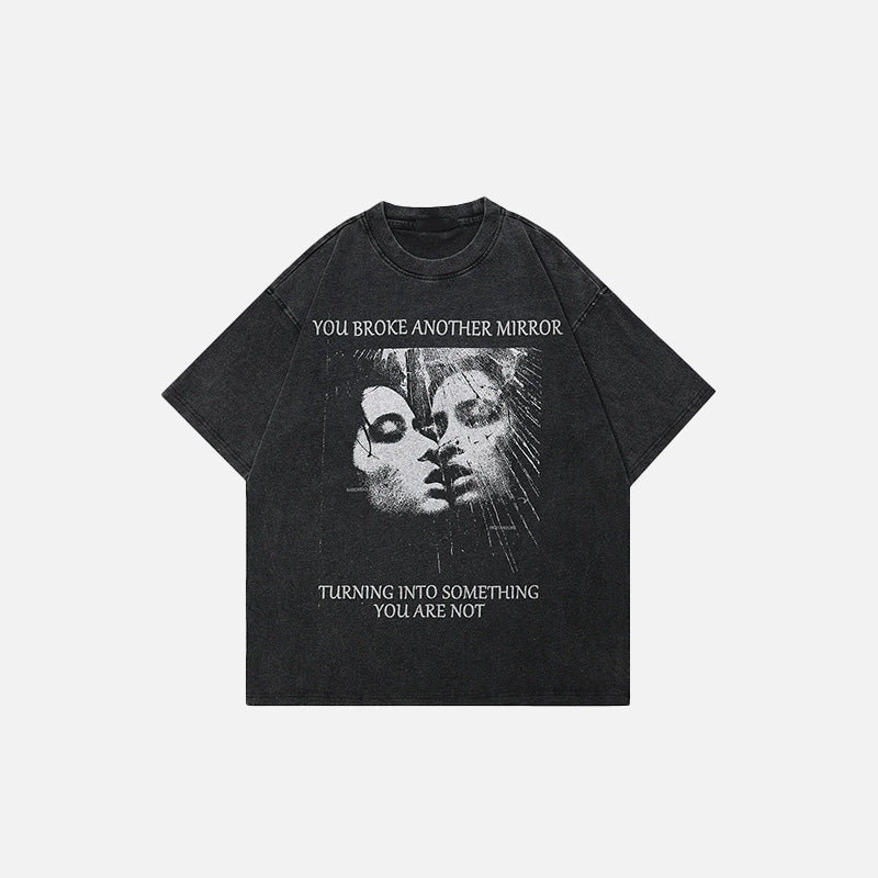 Front view of the black Vintage Graphic Mirror T-shirt in a gray background