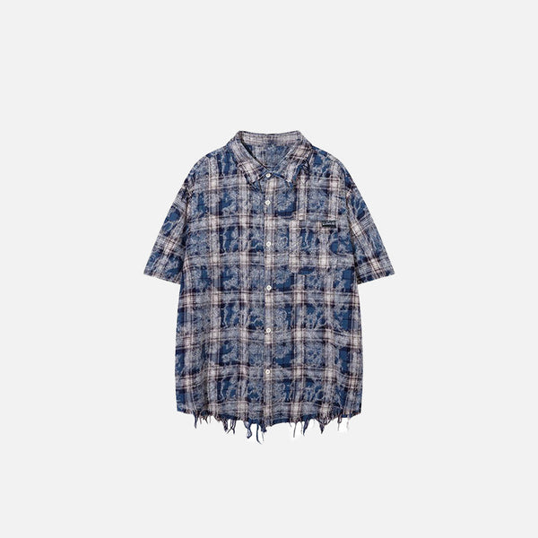 Front view of the blue Vintage Plaid Ripped Shirt in a gray background