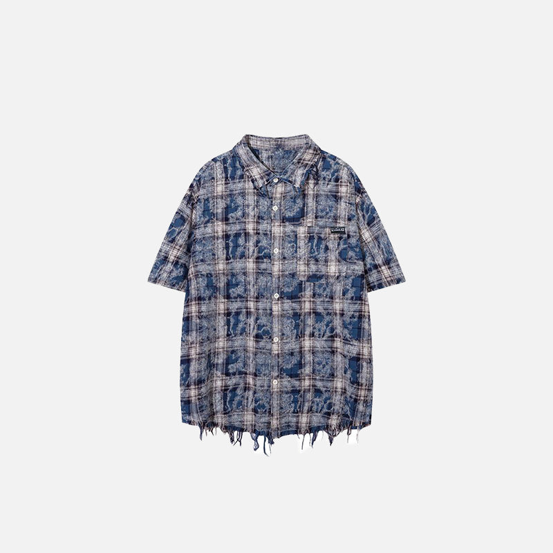 Front view of the blue Vintage Plaid Ripped Shirt in a gray background