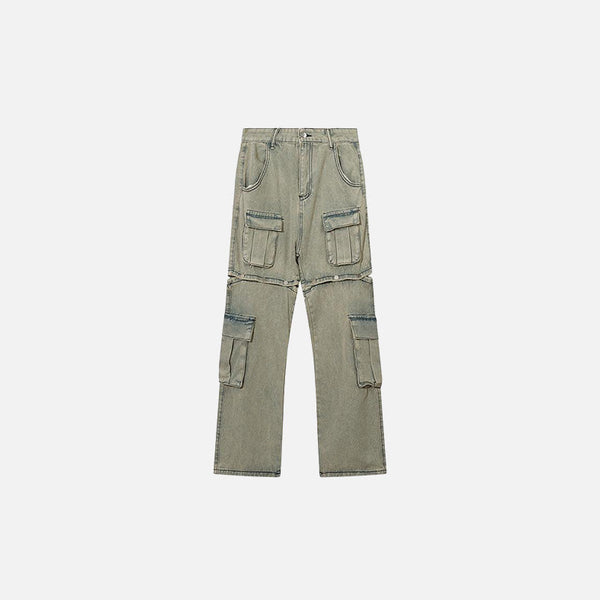 Front view of the Khaki Baggy Multi-pocket Denim Pants in a gray background