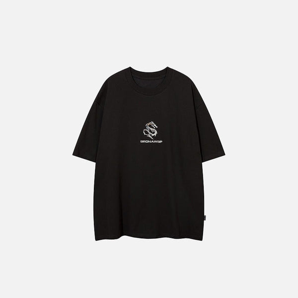 Front view of the dark grey Dragon Graphic Printed T-shirt in a gray background
