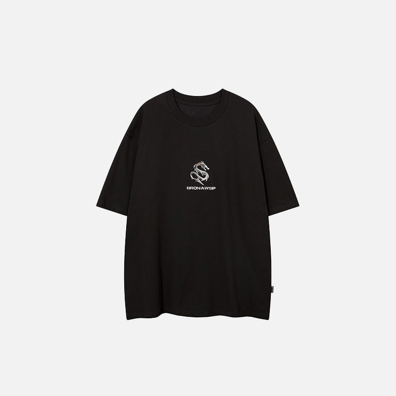 Front view of the dark grey Dragon Graphic Printed T-shirt in a gray background