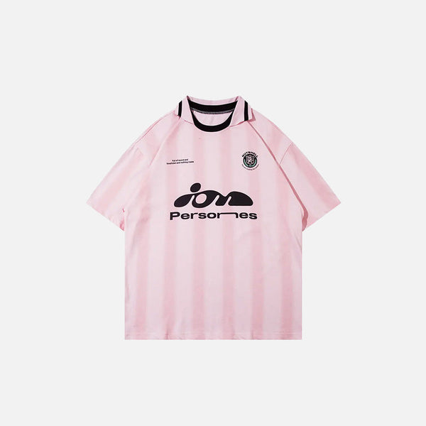 Front view of the pink Vintage Loose Polo Stripes T-Shirt in a gray background