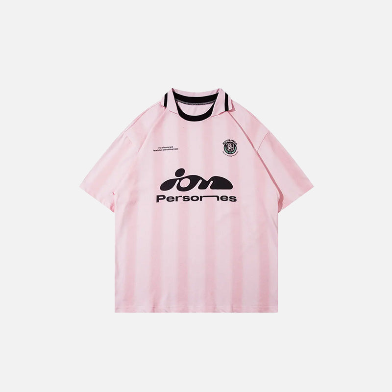 Front view of the pink Vintage Loose Polo Stripes T-Shirt in a gray background