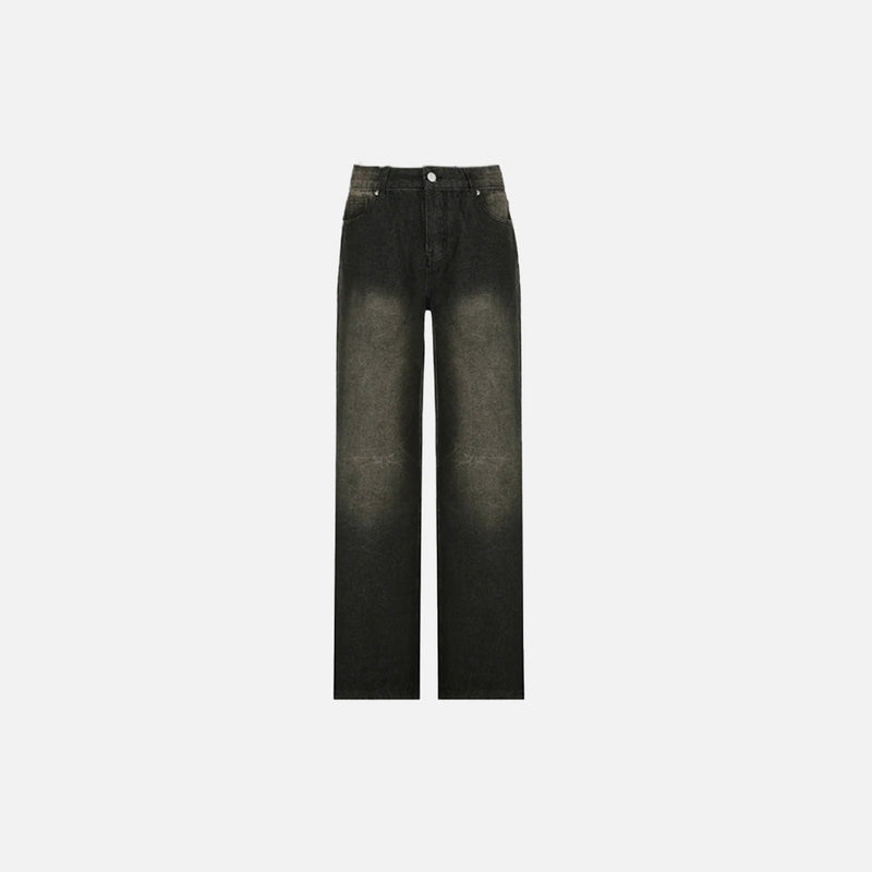 Front view of the black Rebel Thigh-Slash Jeans in a gray background