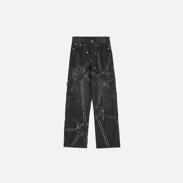 Front view of the Vintage Washed Embroidery Denim Jeans in a gray background