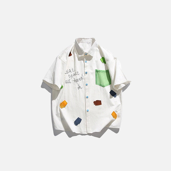 Front view of the white Stitching Color Embroidery Shirt in a gray background