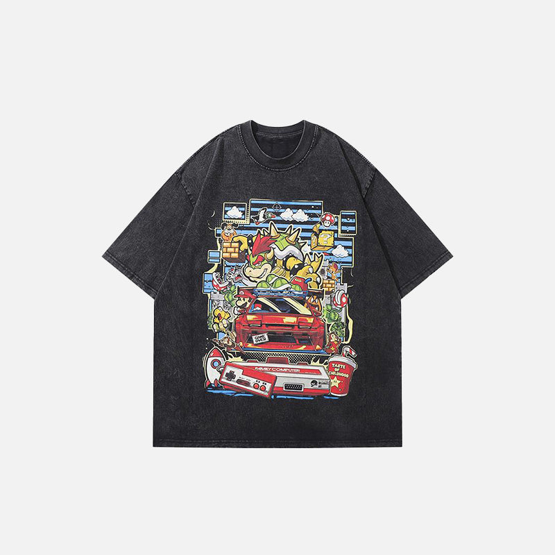 Front view of the black Loose Mario Car Print T-shirt in a gray background
