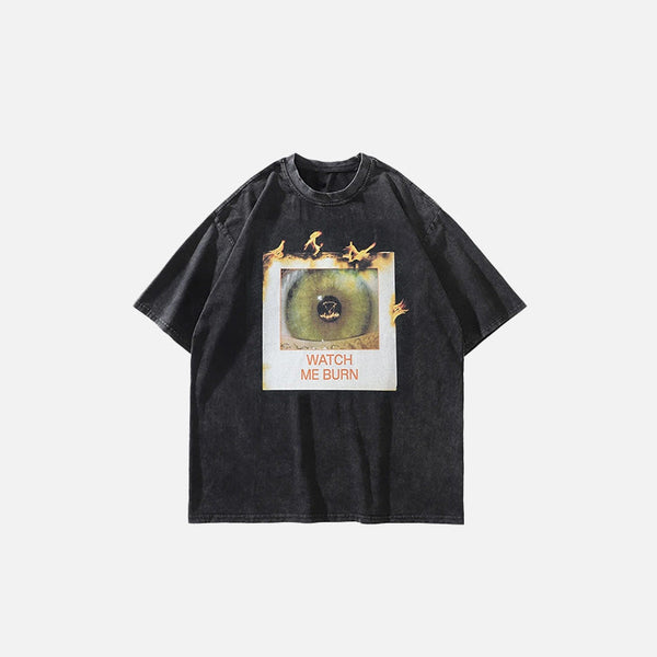 Front view of the black Watch Me Burn Vinyl T-shirt in a gray background