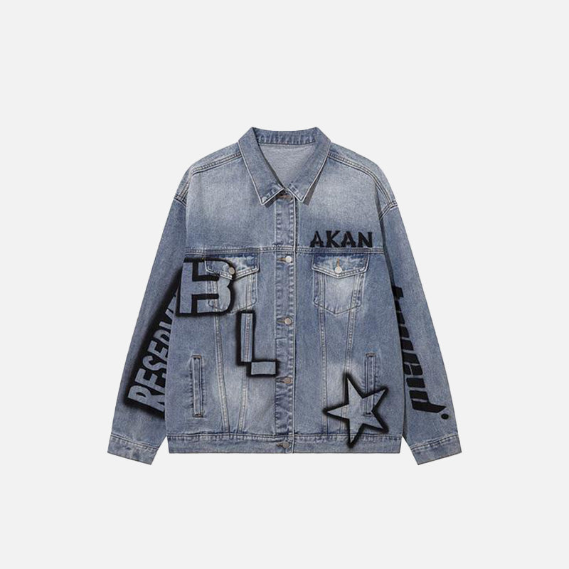 Front view of Retro Blue Washed Denim Jacket in a gray background