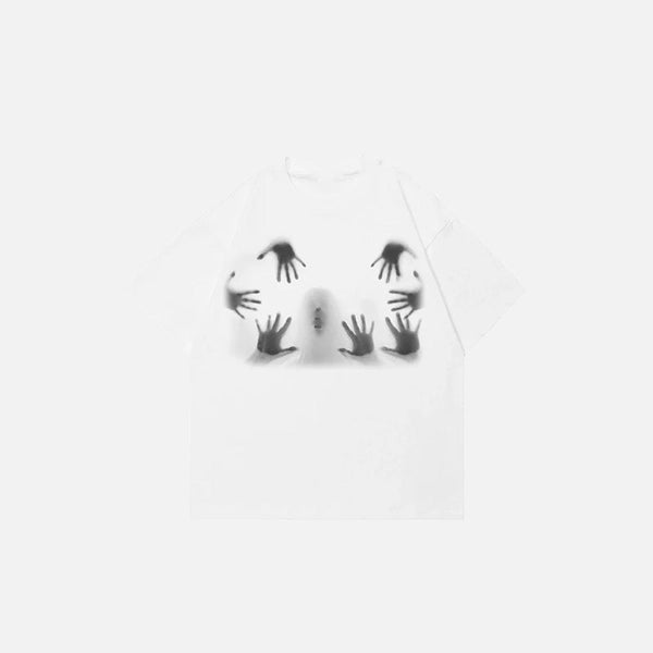 Front view of the white Distorted Portrait Graphic T-shirt in a gray background
