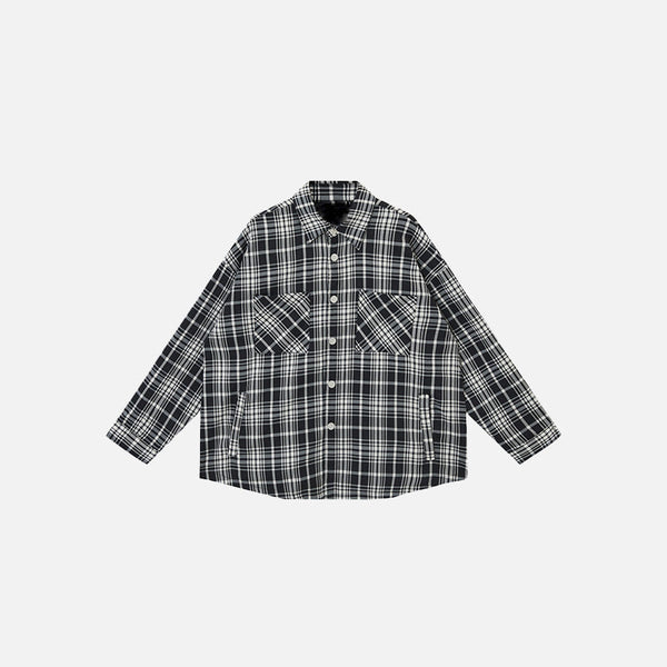 Front view of the black Loose Retro Plaid Shirt in a gray background