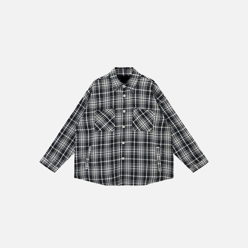 Front view of the black Loose Retro Plaid Shirt in a gray background