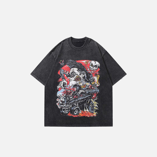 Front view of the black Loose Angry Anime Printed T-Shirt in a gray background
