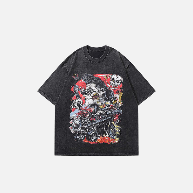 Front view of the black Loose Angry Anime Printed T-Shirt in a gray background