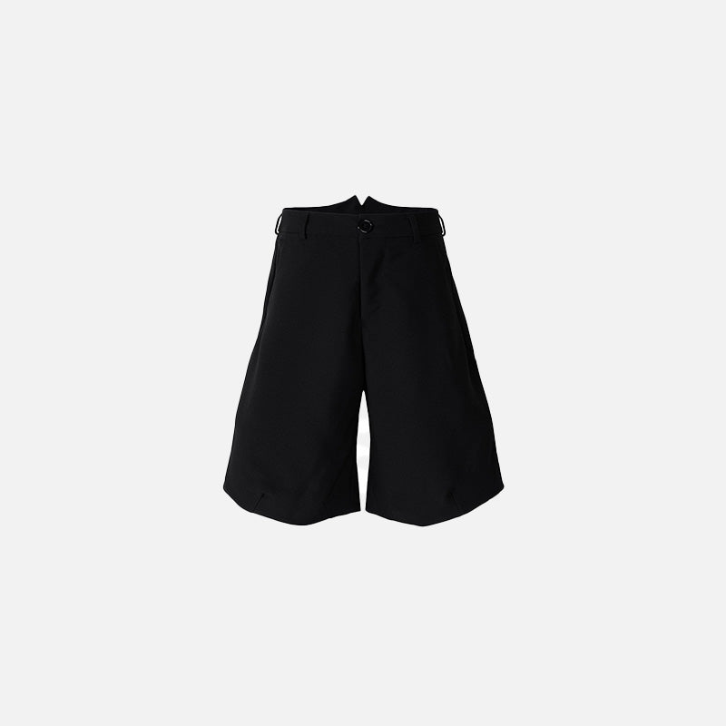Front view of the black Irregular Blade Niche Suit Jorts in a gray background