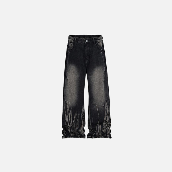 Front view of the black Laser Texture Straight Jeans in a gray background