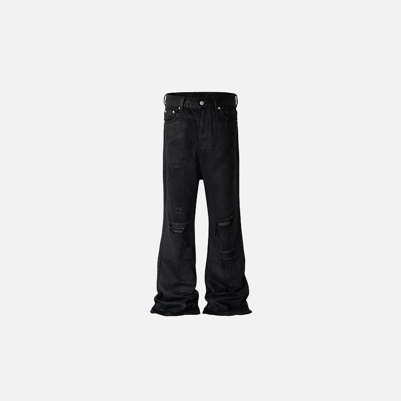 Front view of the black Distressed Baggy Black Jeans in a gray background