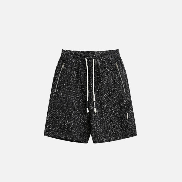 Front view of the black Modern Speckled Drawstring Shorts in a gray background