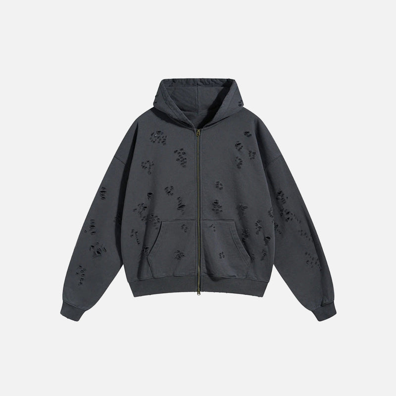 Front View of the gray Y2K Torn Tracks Hoodie in a gray background