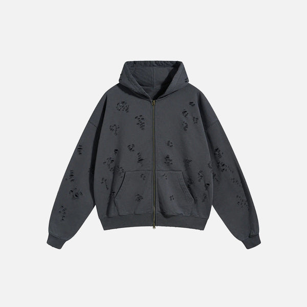 Front View of the gray Y2K Torn Tracks Hoodie in a gray background