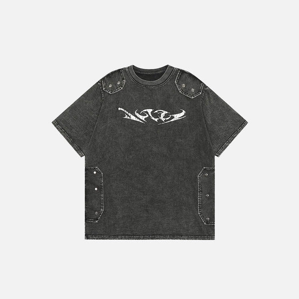 Front view of the black Vintage Retro Embroidery Patch T-shirt in a gray background