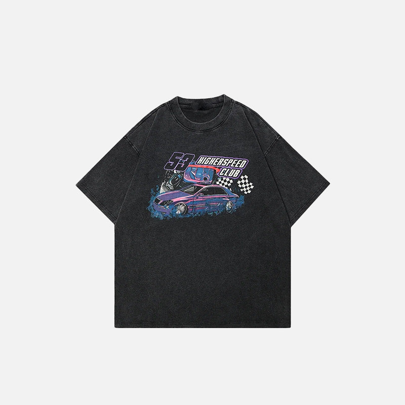 Front view of the black Y2k Loose Higher Speed Racing Club T-shirt in a gray background