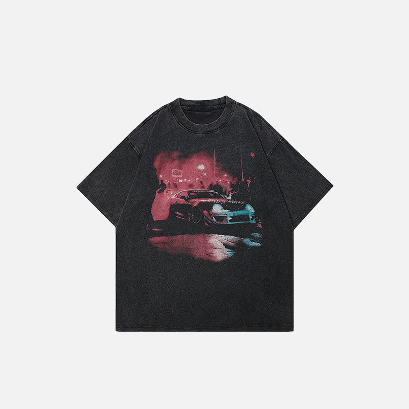 Front view of the washed black Y2K Washed Racing Car T-shirt in a gray background